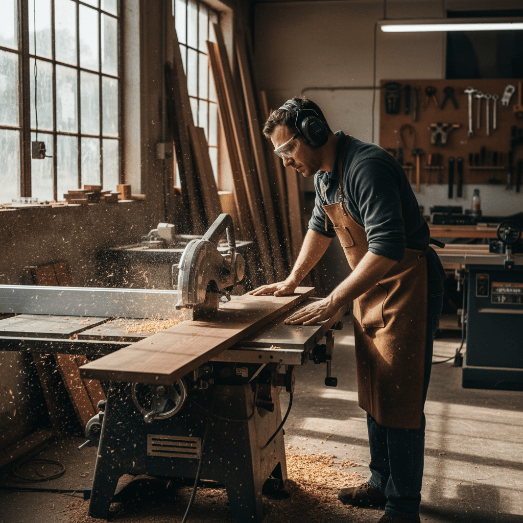 Master craftsman cutting custom wood pieces