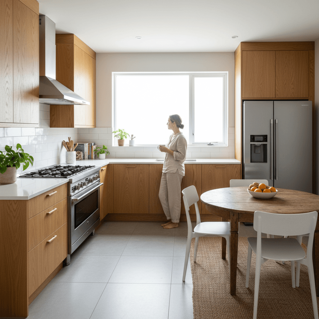 Kitchen with custom wooden cabinets installed