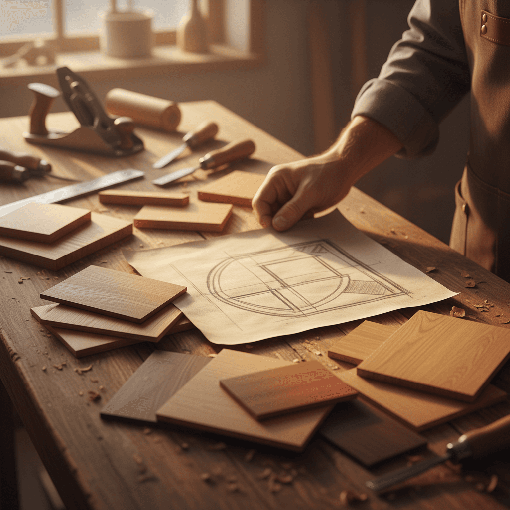 Custom cabinet design consultation with wood samples