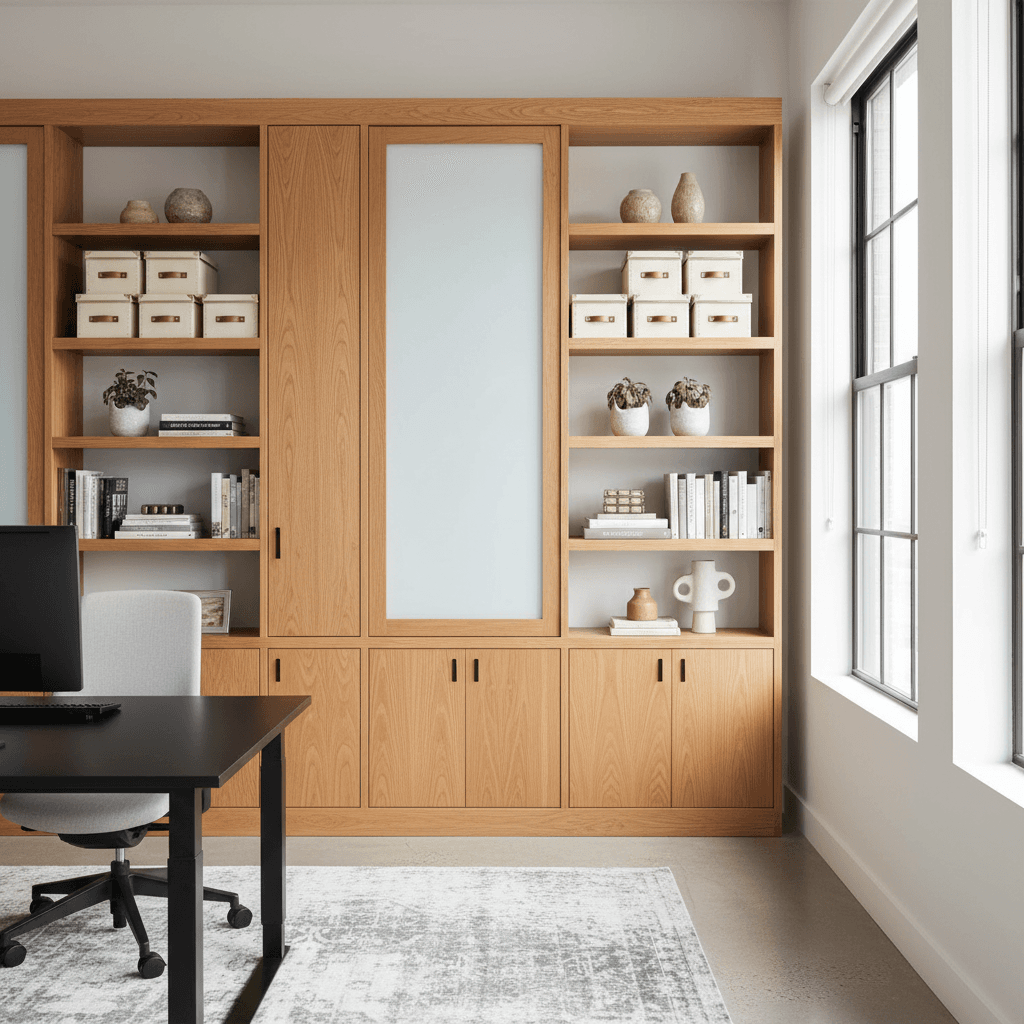 Custom wooden office storage and shelving installation