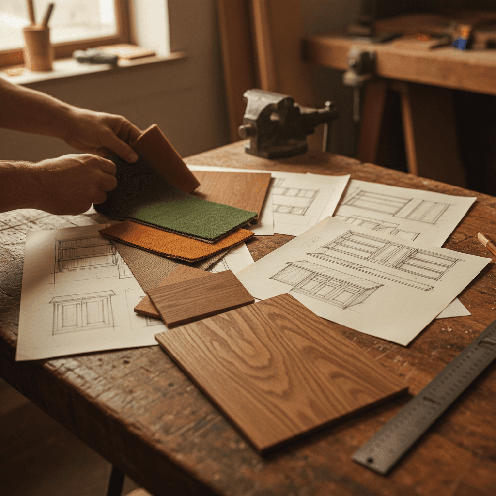 Custom cabinet design sketches and wood material samples on a craftsman's workbench