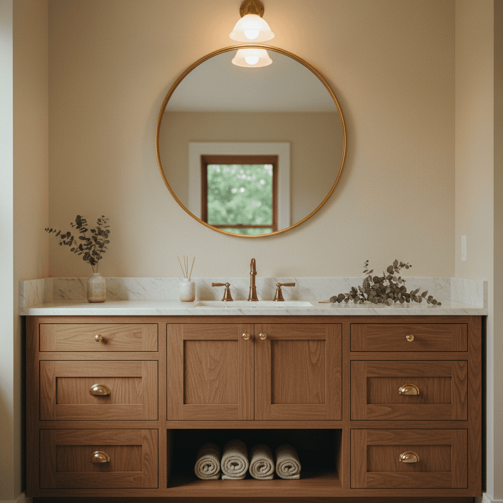 Installed custom bathroom vanity with natural wood finish