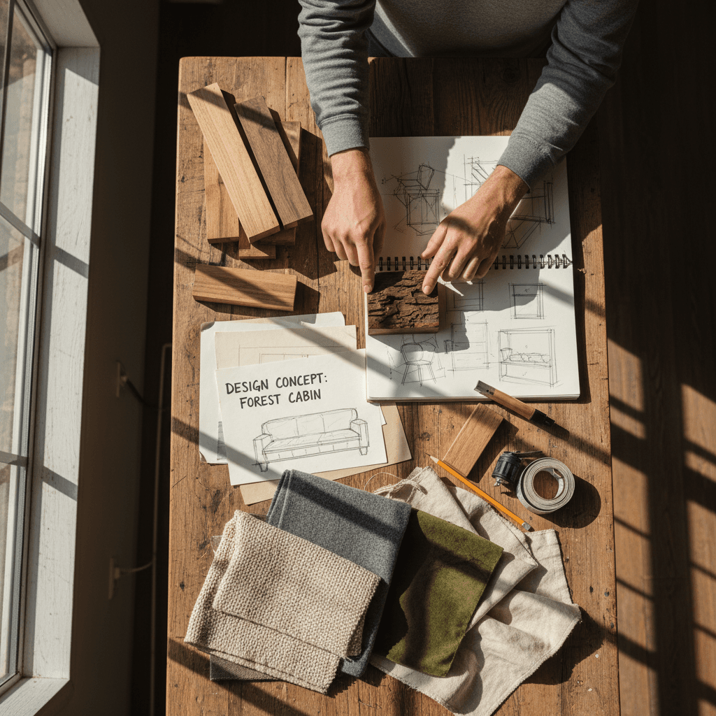 Design consultation workspace with wood samples and sketches