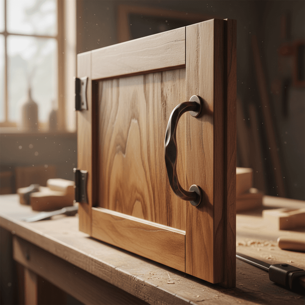 Custom wooden cabinet door with hand-applied finish