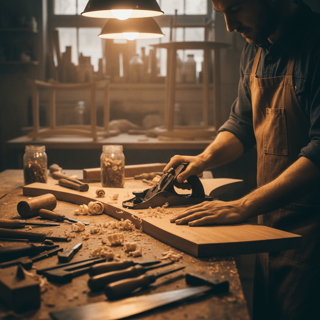 Master craftsman building custom wooden furniture piece