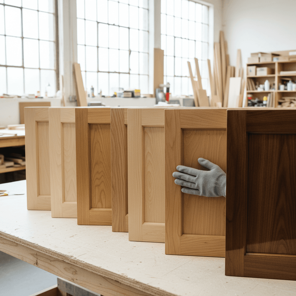 Finished cabinet doors with various stain and seal finishes being inspected for quality