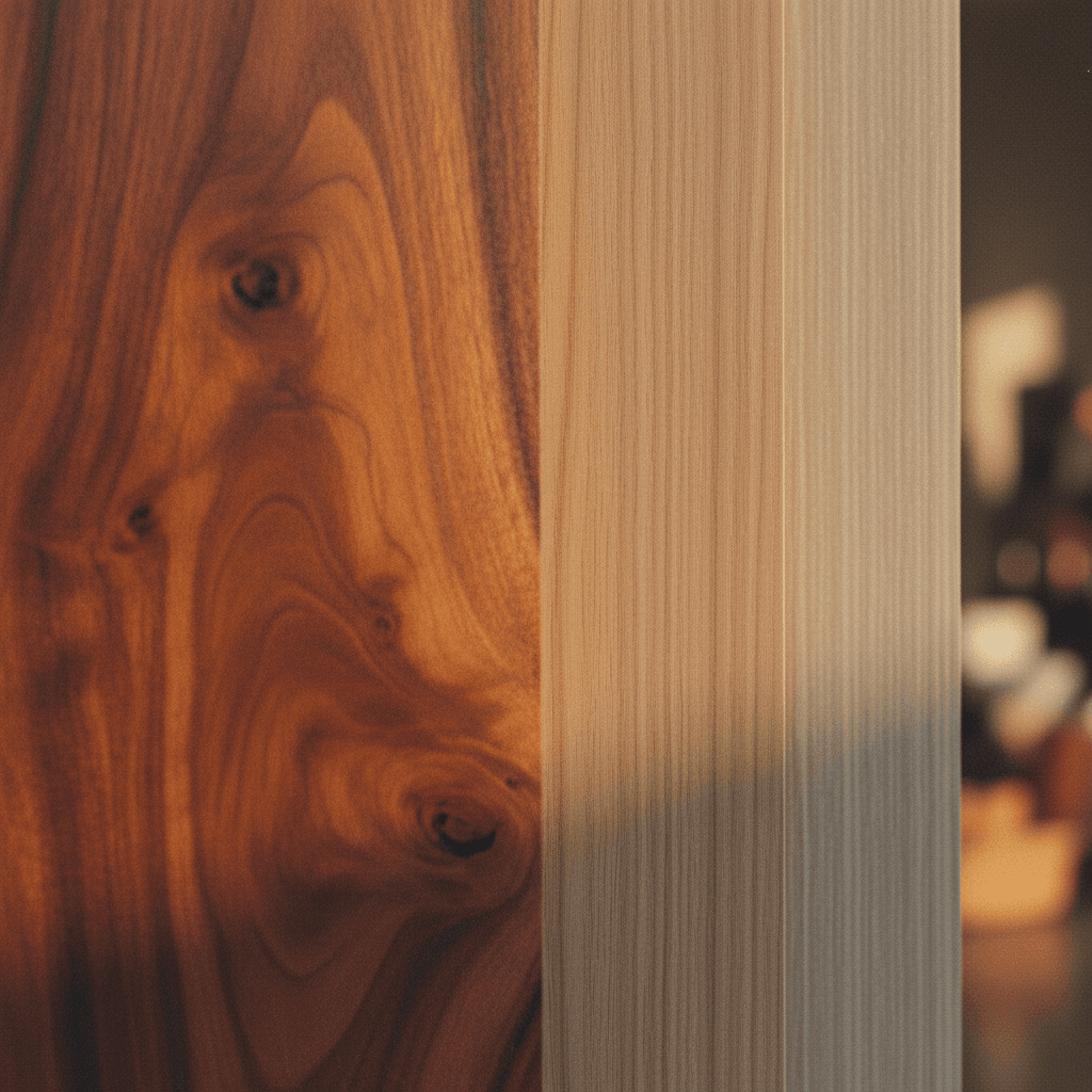Collection of wood veneer and laminate material samples showing grain and finish options