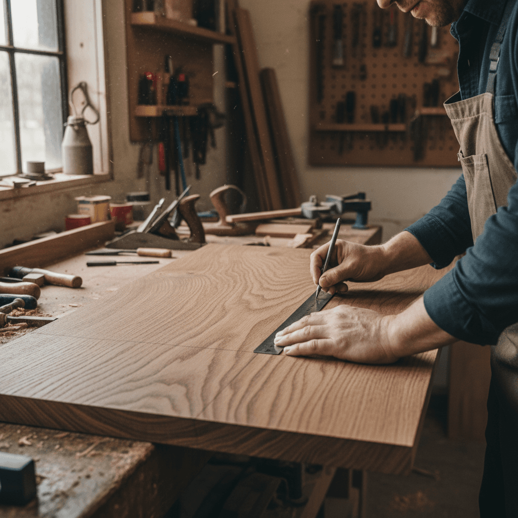 Precision measurement and marking during custom woodwork creation