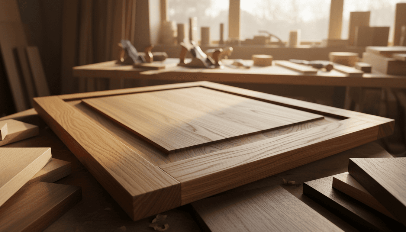 Close-up of finished wooden cabinet doors showing grain detail and professional finishing
