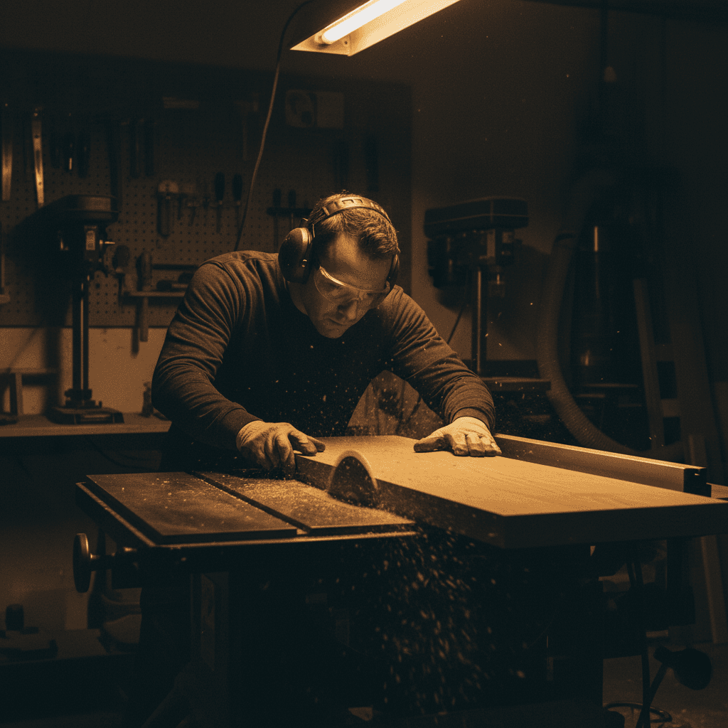 Woodworker cutting custom cabinet components on a table saw in the workshop