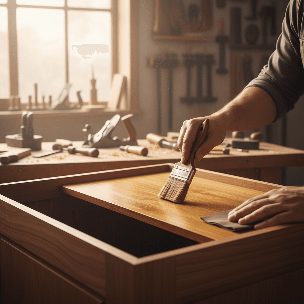 Custom kitchen cabinet being finished in workshop
