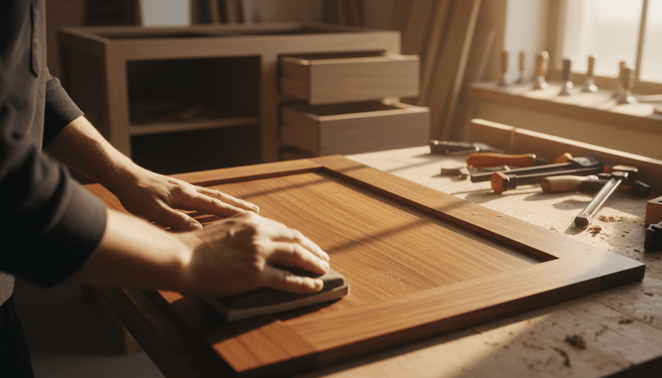 Skilled craftsperson carefully sanding a custom wooden cabinet door in a woodworking shop