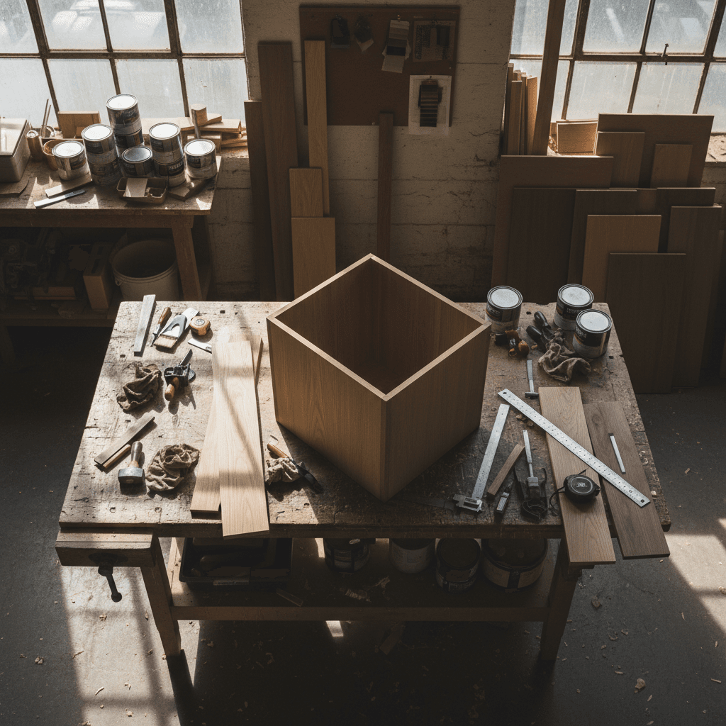 Workshop showing cabinet assembly process