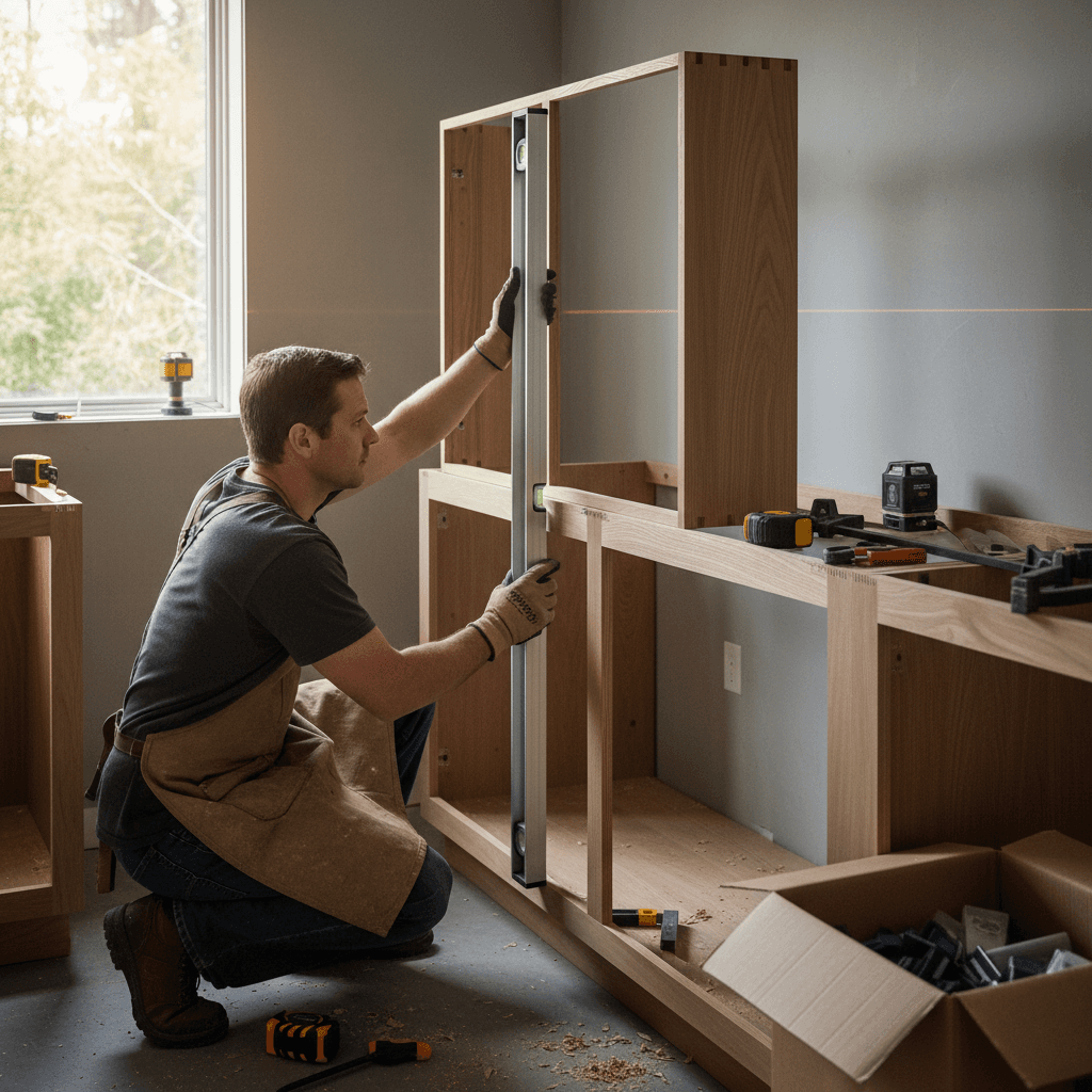 Craftsperson installing custom kitchen cabinet