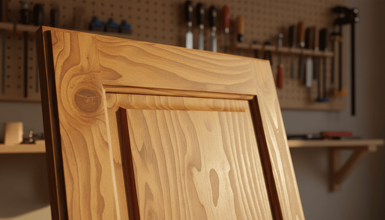 Close-up of custom wooden cabinet door with rich grain detail and natural finish