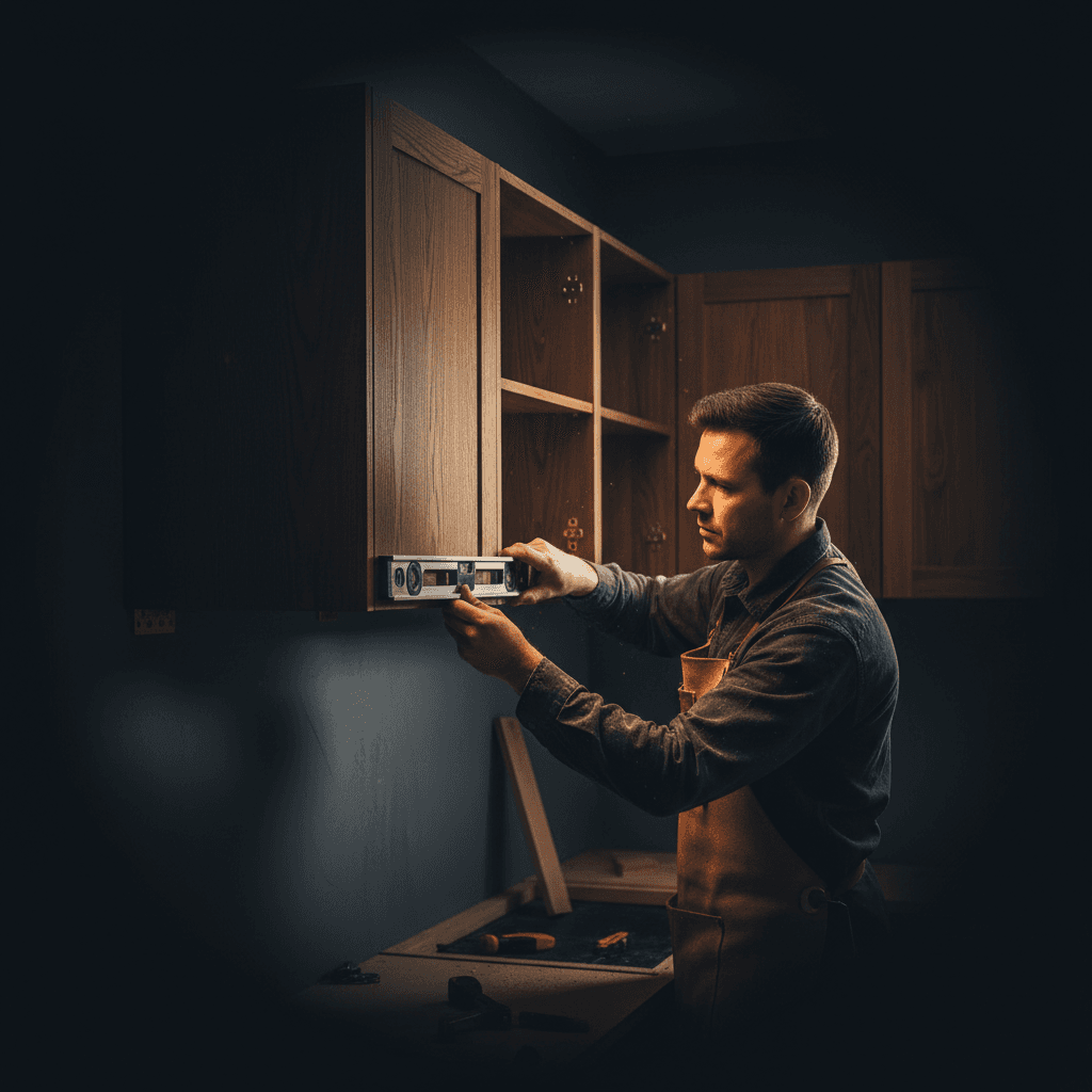 Woodworker installing custom cabinetry in a Woodland Park kitchen with precision tools