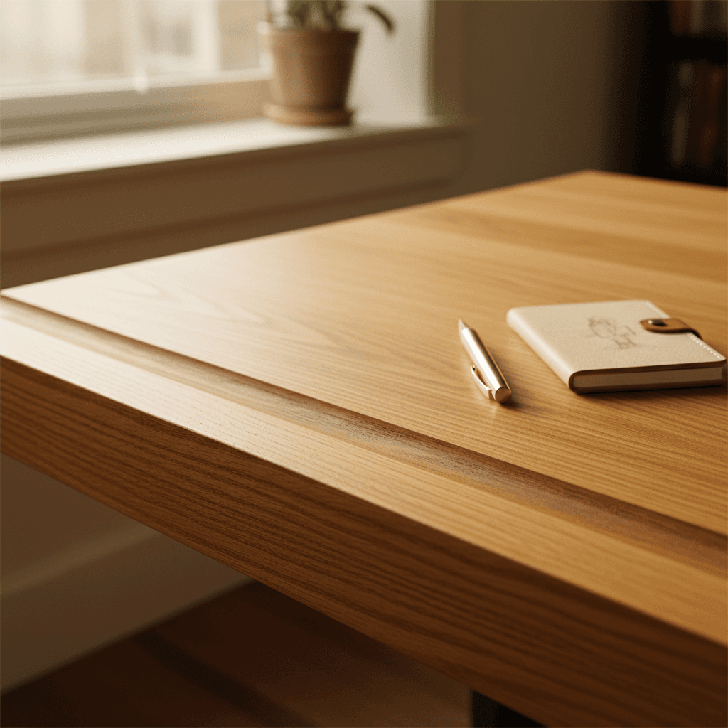 Custom wooden office desk with integrated storage