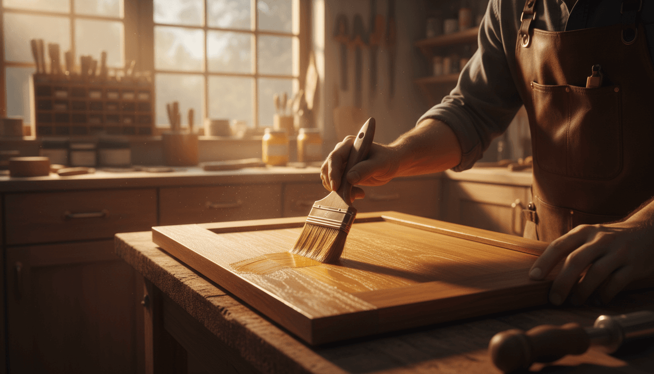 Craftsperson finishing a custom wooden cabinet with careful attention to detail in a sunlit workshop