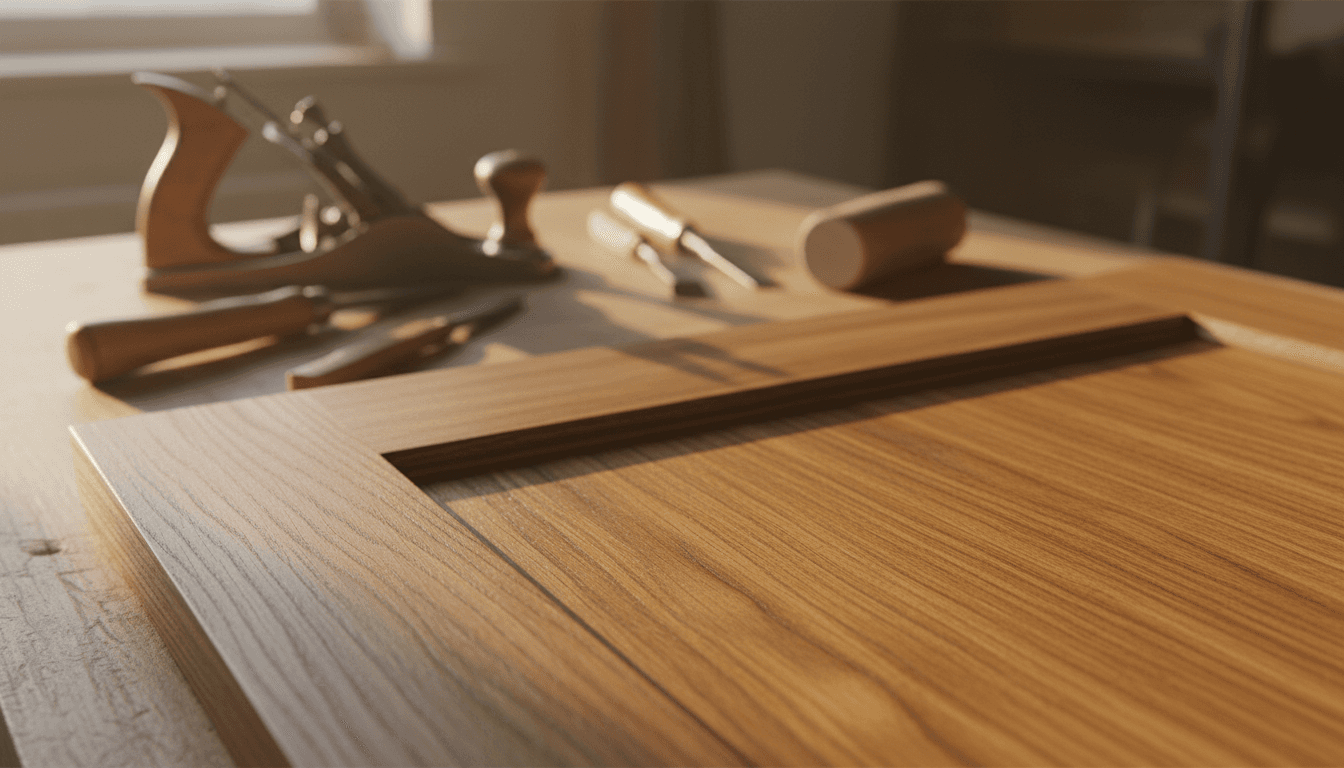 Close-up of finished wooden cabinet door with natural wood grain and hand-applied finish