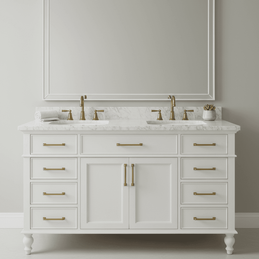 Custom painted bathroom vanity with marble top