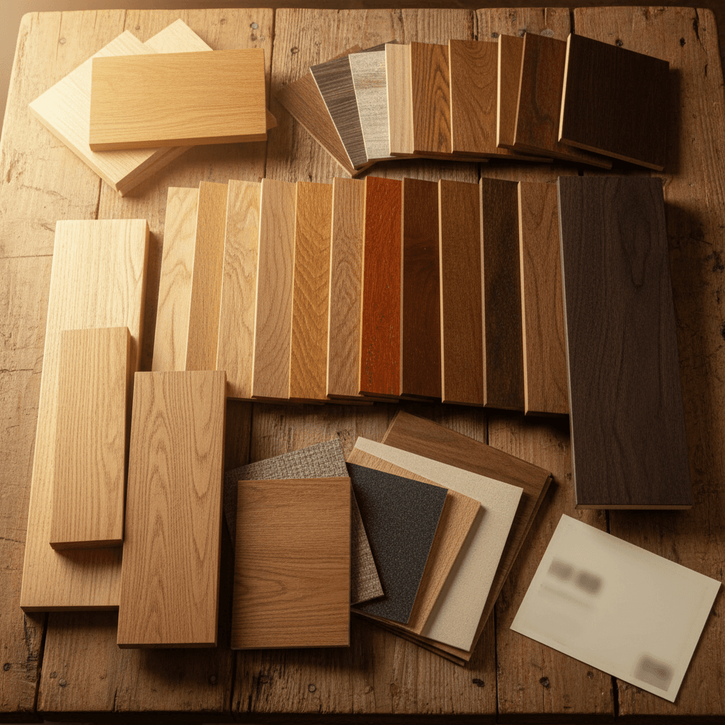Wood and material samples for cabinet selection